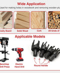 Solid 8 Piece Wood Plug Cutter Drill Bit Set Featuring Barrel And Claw Tips 1/4 3/8 1/2 And 5/8 Inch Sizes shown with various wood types.