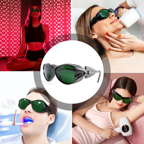 Pro Grade LED Red And Blue Light Therapy Glasses Featuring Heavy Duty Side Shields And Broad 200nm To 2000nm Coverage For IPL Treatments And UV400 Salon Protection used in various light therapy treatments.
