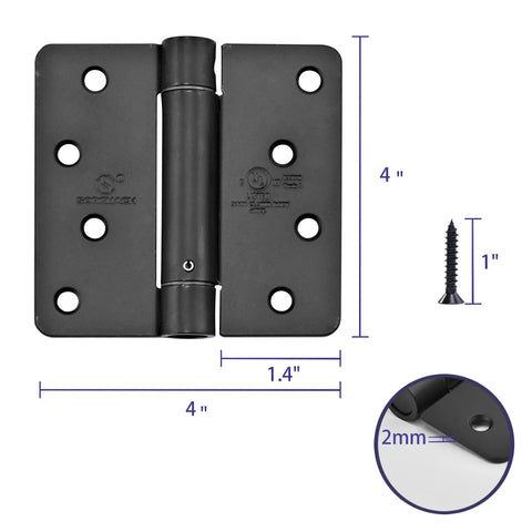 Heavy Duty Matte Black Self Closing Door Hinges 4x4 Inch Adjustable Spring Hinge With Hella Smooth Auto Close Design For Commercial Interior Doors No Sweat Install And Bulletproof Reliability, displayed with dimensions.