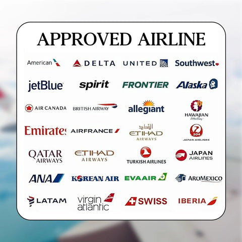 Logos of approved airlines displayed with the title "APPROVED AIRLINE" for visibility during travel. Ideal for travelers.