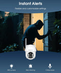 Solar Wireless Outdoor Security Cameras Two Pack With 4MP Ultra HD 360 Degree View Battery Powered Outdoor Camera shown detecting motion at night