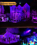 Top Shelf 30W LED Blacklight Flood Lights 6 Pack Heavy Duty IP66 Waterproof Fixtures illuminating Halloween decorations.