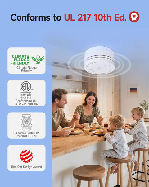 Top Shelf Wireless Interconnected Smoke Detectors For Household Safety With Straight Up Easy Mounting And Big Time Protection Inside A Stress Free Three Count Pack displayed in a cozy kitchen setting with a family.