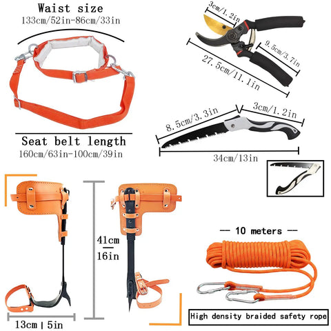 Tree Climbing Spikes Set With Adjustable Length Design Climbing Belt Nylon Rope And Pro Accessories, tools and measurements