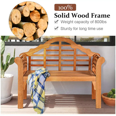 Foldable Outdoor Eucalyptus Wood Bench For Two 49 Inch Wide Two Person Loveseat in patio setting with plaid blanket
