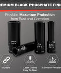 Close-up of 29 Piece 1/2 Inch Drive Deep Impact Socket Set with black phosphate finish showing engraved labels on sockets.