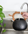 Loud Stovetop Tea Kettle With Whistle For Boiling Water Coffee Or Milk 3.1 Quart Heavy Stainless Steel Black With Wood Pattern Handle