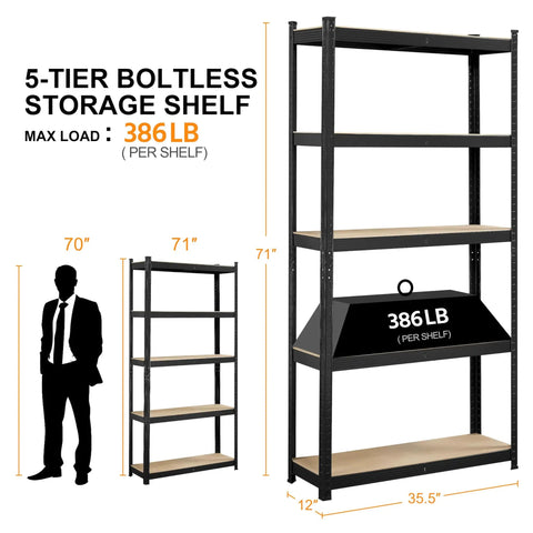 Rock Solid Heavy Duty Steel Storage Rack Two Pack Adjustable Five Tier Shelving displaying dimensions and load capacity in garage setting.