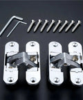 Two Piece Heavy Duty Zinc Alloy Hidden Hinges For Furniture 23 By 95 Millimeter with screws and hex keys on a black background.