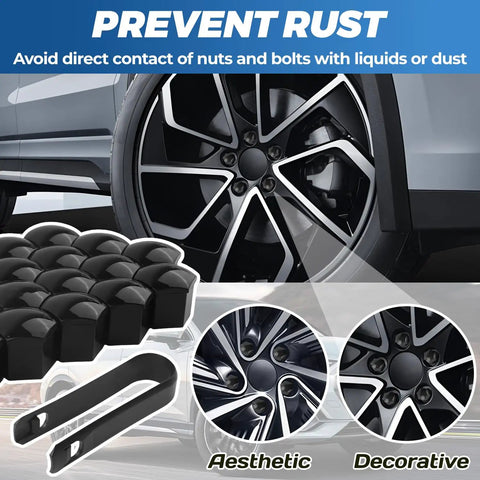 19mm Black Lug Nut Covers Set With Removal Tool 20 Pieces Hex Nut Caps for Wheel Bolts with car wheel in background