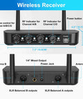Back and front view of wireless receiver for Four Pack Pro Grade Wireless Microphone System With Long Range 262 Feet, 40 Hour Battery