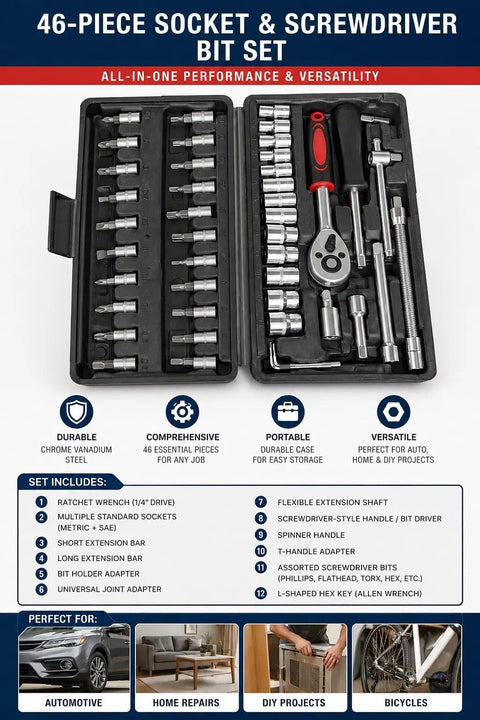 All In One 46 Piece Socket And Screwdriver Bit Set With Ratchet Wrench And Extension Bars for Auto And Home DIY Projects