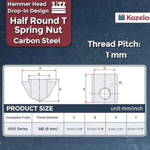 100 Piece Half Round Spring T Nuts M6 Metric Roll In T Bolt For 4040 Aluminum Extrusion Profile Heavy Duty Carbon Steel Assembly Hardware Kit diagram showing dimensions and details.