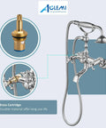 Polished Chrome Tub Filler And Wall Mount Faucet Set With Handheld Shower Sprayer And Tub Spout Double Cross Handles All Metal Brass Construction 1.25 GPM Bathroom Mixer Shower System For Clawfoot Tubs, showing detailed brass cartridge and handle mechanism.