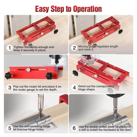 Pro Grade Door Hinge Template Kit For Router with adjustable mortise jig on a wooden door, showing step-by-step operation.