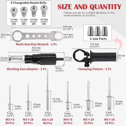 Professional Rivet Gun Adapter Kit With Flex Head And 210 Pcs Assorted M3 M4 M5 Aluminum Pop Rivets Includes Wrench And Clamping Fixture, showing components and sizes.