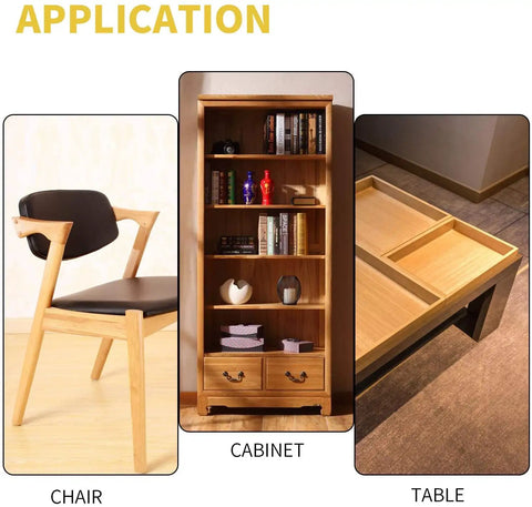 One Hundred Pack Heavy Duty Furniture Connector Kit With Rock Solid Zinc Cam Locks And Nylon Insert Nuts For RTA Cabinets Drawers And Beds Total Game Changer Build displayed in chair, cabinet, and table applications.
