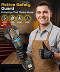 Heavy Duty Brushless Flathead Angle Grinder Kit With 21V Lithium Ion Muscle and Dual 5 Ah Packs, shown with safety features.