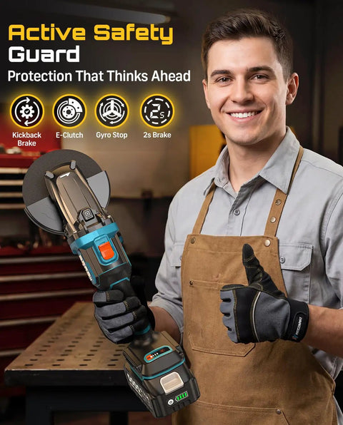 Heavy Duty Brushless Flathead Angle Grinder Kit With 21V Lithium Ion Muscle and Dual 5 Ah Packs, shown with safety features.