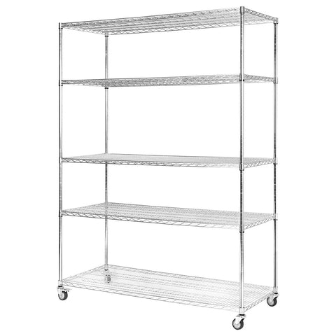 Heavy Duty Five Tier Wire Shelving Unit With Rolling Caster Wheels and Waterproof Liners, chrome finish for garage use.