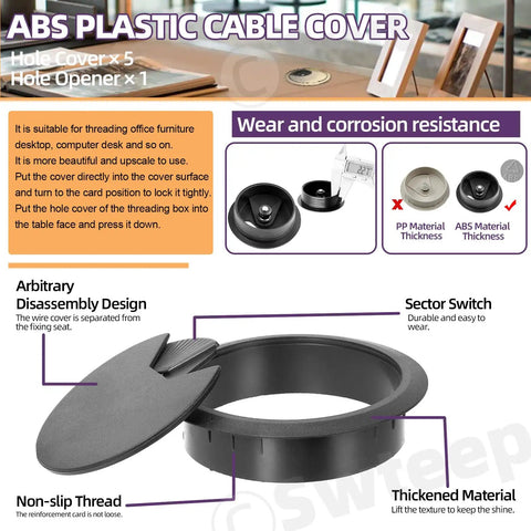 Keep Your Desk Layout Tight With These Six Sturdy Black Wire Grommets And A Shop Grade Three Point One Five Inch Hole Saw For Zero Drag Cord Organization. Black ABS plastic cable cover with non-slip design.
