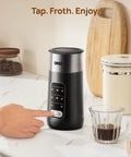 Milk Frother With 8 In 1 Functionality For Latte Art, Microfoam And Coffee, Stainless Electric Frother, 9oz 270ml For Warm And Cold Foam, LED Display, Easy To Clean, Dope Kitchen Gadget For Barista Vibes on kitchen counter.
