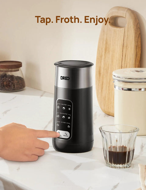 Milk Frother With 8 In 1 Functionality For Latte Art, Microfoam And Coffee, Stainless Electric Frother, 9oz 270ml For Warm And Cold Foam, LED Display, Easy To Clean, Dope Kitchen Gadget For Barista Vibes on kitchen counter.