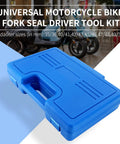 Blue case for Universal Motorcycle Fork Seal Driver Tool Kit, 14-Piece All-In-One Set with 6 Pairs Adapters, visible on a surface