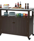 Outdoor Wood Grill Prep Table With Stainless Steel Top Waterproof Cover Dark Brown Finish Solid Wood Construction No Plastic Open Shelf For Quick Access Storage Heavy Duty Outdoor Kitchen Station with utensils and condiments