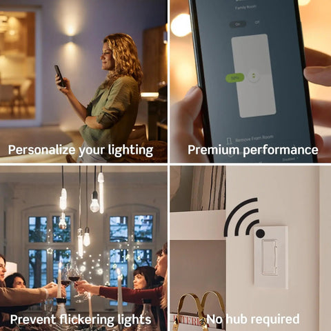 Slick WiFi Smart Dimmer Switch With Hassle Free App Control Smooth Fade Dimming And Remote Vibe Tweaks For Home And Office In Classic White Decorator Wall Plate, images of app control and family gatherings.