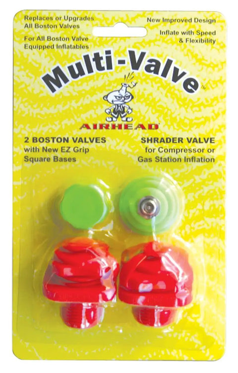 Dual Valve Inflator Adapter With Two Boston Valves Of Different Threads And A Schrader Valve packaging on yellow background