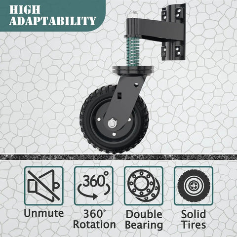Six Inch Heavy Duty Gate Wheels Serving As A Badass Rolling Rig With Built Spring Suspension For Slick Glide On Wood Or Metal Fences Tackles Rough Yards Without Dragging Damage - close-up of wheel with black rubber tire and spring.
