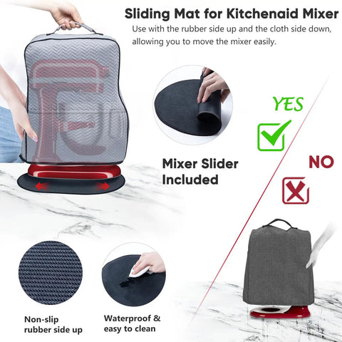 Cozy Quilted Stand Mixer Cover With Easy Glide Dust Sleeve Shielding KitchenAid Appliances 6 7 And 8 Quart Mixers, showing sliding mat and rubber grip.