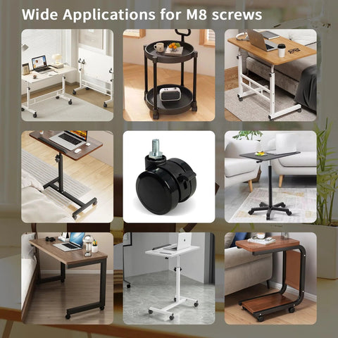 Lockable Caster Wheels For Standing Desk Replacement Castors Set Of 4 With M8 Stem Nylon Threaded Swivel Casters For Height Adjustable Table Base And Frame Sit To Stand Desks Easy To Install With Included Wrench Tool shown in various table applications