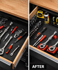 Comparison of a tool drawer before and after using Built Tough Magnetic Ratchet Organizer Set, 3-Piece, Holds 1/4, 3/8, 1/2 Inch Ratchets