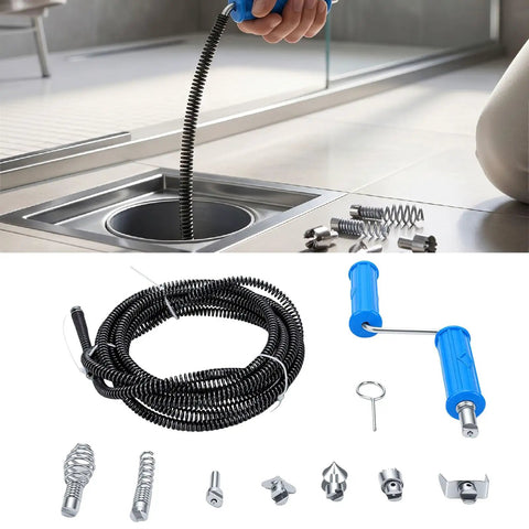 Heavy Duty Drain Auger Attachment Five Meter Alloy Steel Snake With Six Cutting Blades For Stubborn Kitchen Tub And Shower Clogs Clears Deep Pipe Blockages Without A Single Sweat visible with snake in drain.