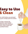 USB Rechargeable Electric Milk Frother Handheld Wand With Dual Speed Stainless Steel Whisk in use over coffee cup
