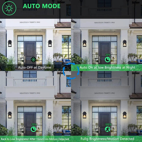 Two Pack Solar Motion Sensor Outdoor Wall Lanterns For Dusk To Dawn Porch Lighting showing brightness modes and auto mode functions.