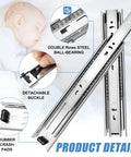 Top Notch Heavy Duty Full Extension Drawer Slides With Ball Bearing Rails Side Mount Runners For Kitchen Cabinets Wardrobes Dressers Roll Out Smooth Silver Metal 16 Inch Holds 100 Lbs Per Pair detailed view showing steel ball-bearing and rubber crash pads.