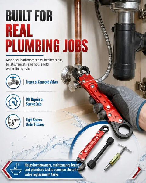 Knockout Compression Valve Removal Tool And Angle Stop Wrench Kit With Wall Protector Pads For Smooth Shutoff Valve Replacement and Bogus Fitting Pulls Done Fast, shown in use under a sink.