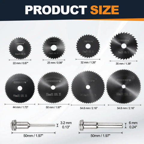 Top Shelf High Speed Cutting Wheel Set Eight Piece Multipurpose Metal Abrasive Blades For Rotary Power Tools with sizes displayed.