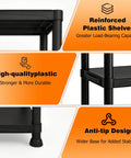No Drama Four Tier Plastic Shelving Unit For Tight Layouts, 53 Inch Tall showing reinforced black plastic shelves.
