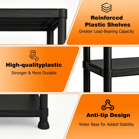 No Drama Four Tier Plastic Shelving Unit For Tight Layouts, 53 Inch Tall showing reinforced black plastic shelves.