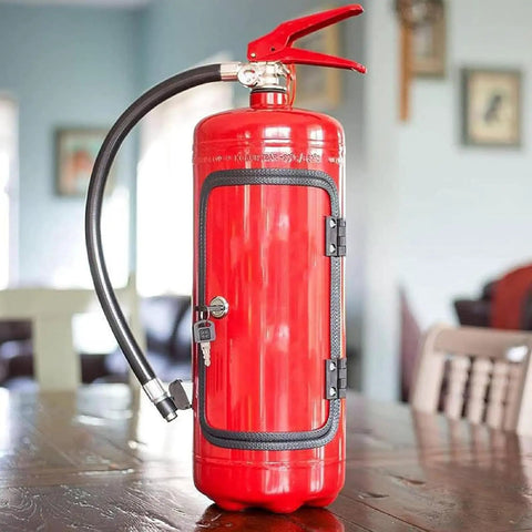 Fire Extinguisher Mini Bar With Concealed Liquor Cabinet To Stash Your Top Shelf Booze in a modern home setting.