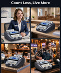 Collage of a Money Counter Machine With Value Count And Counterfeit Detection for Dollar and Euro Bills in various settings.