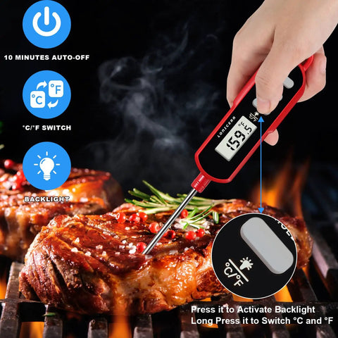 Waterproof Digital Cooking Thermometer With Five Point One Inch Long Probe For Bread Baking And Meat Temp Water Temp Measurement Backlit Red Display IPX6 Waterproof Highly Accurate Within One Degree Celsius in use over grilled steak.