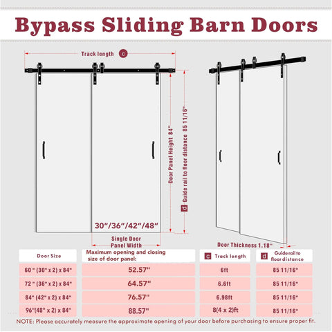 Space Saving Sliding Barn Door With Bypass Hardware Kit, 72 Inch By 84 Inch, Single Track For Double K Frame Doors, diagram