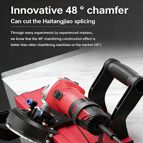 Dead Accurate Electric Tile Chamfering Machine With Portable Quick Cut Design Adjustable One To Three Millimeter Bevel Dust Free Forty Five Angle No Sweat Water Cooling System For Marble Wood And Stone Projects close-up of innovative 48 degree chamfering tool.
