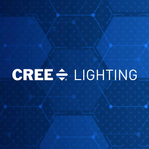 Cree Lighting logo with geometric blue background pattern.
