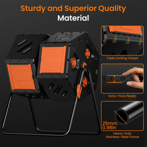 Image of Two Chamber Outdoor Compost Bin With 170L Capacity, Dual Reversing Drum. Features triple locking clasps and sturdy steel frame.